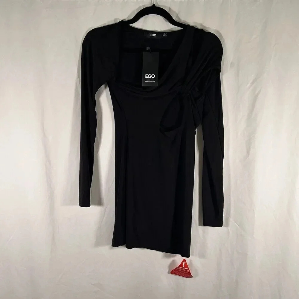 New EGO Mini Dress Women's 6 Black Long Sleeve Twisted Cut Out Detail Stretchy